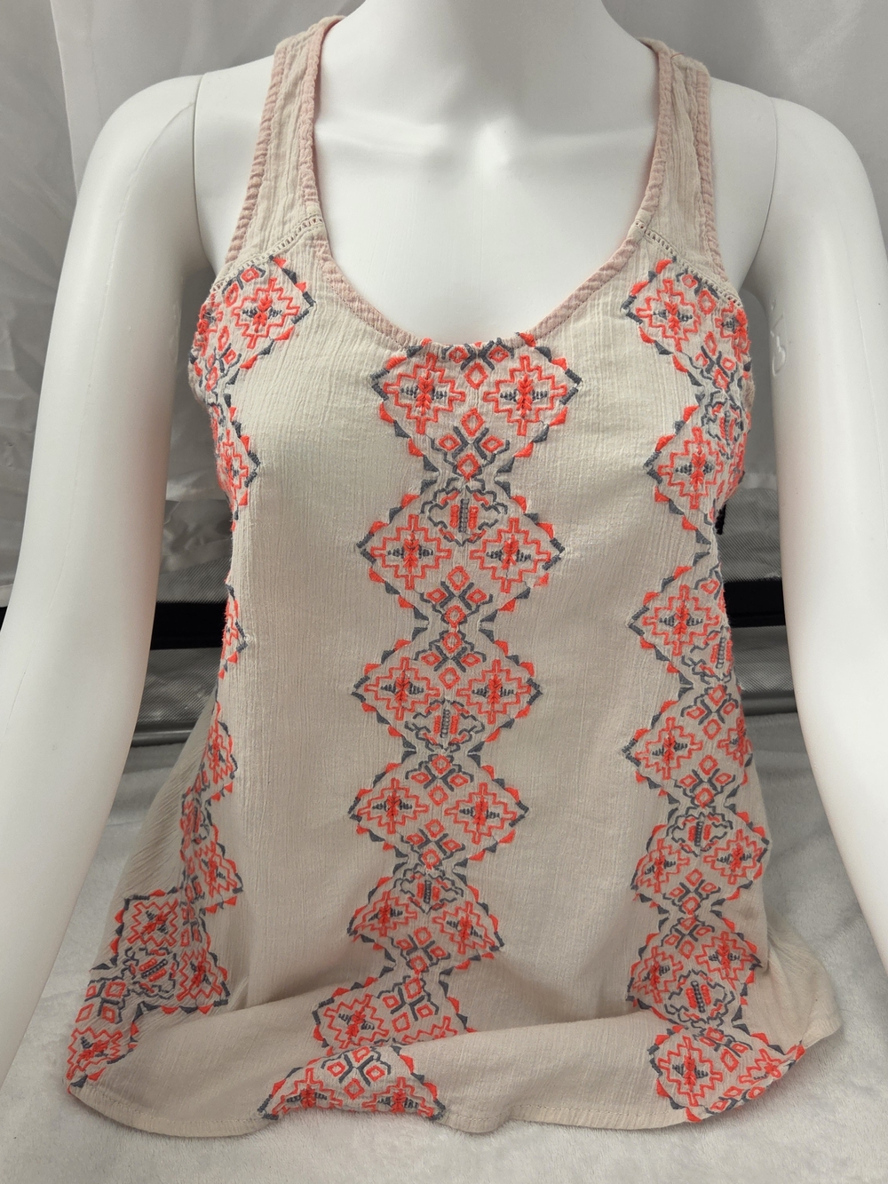Y2K Indie Boho Embroidered Racerback Gauze Tank Top Cream Neon Orange Aztec M